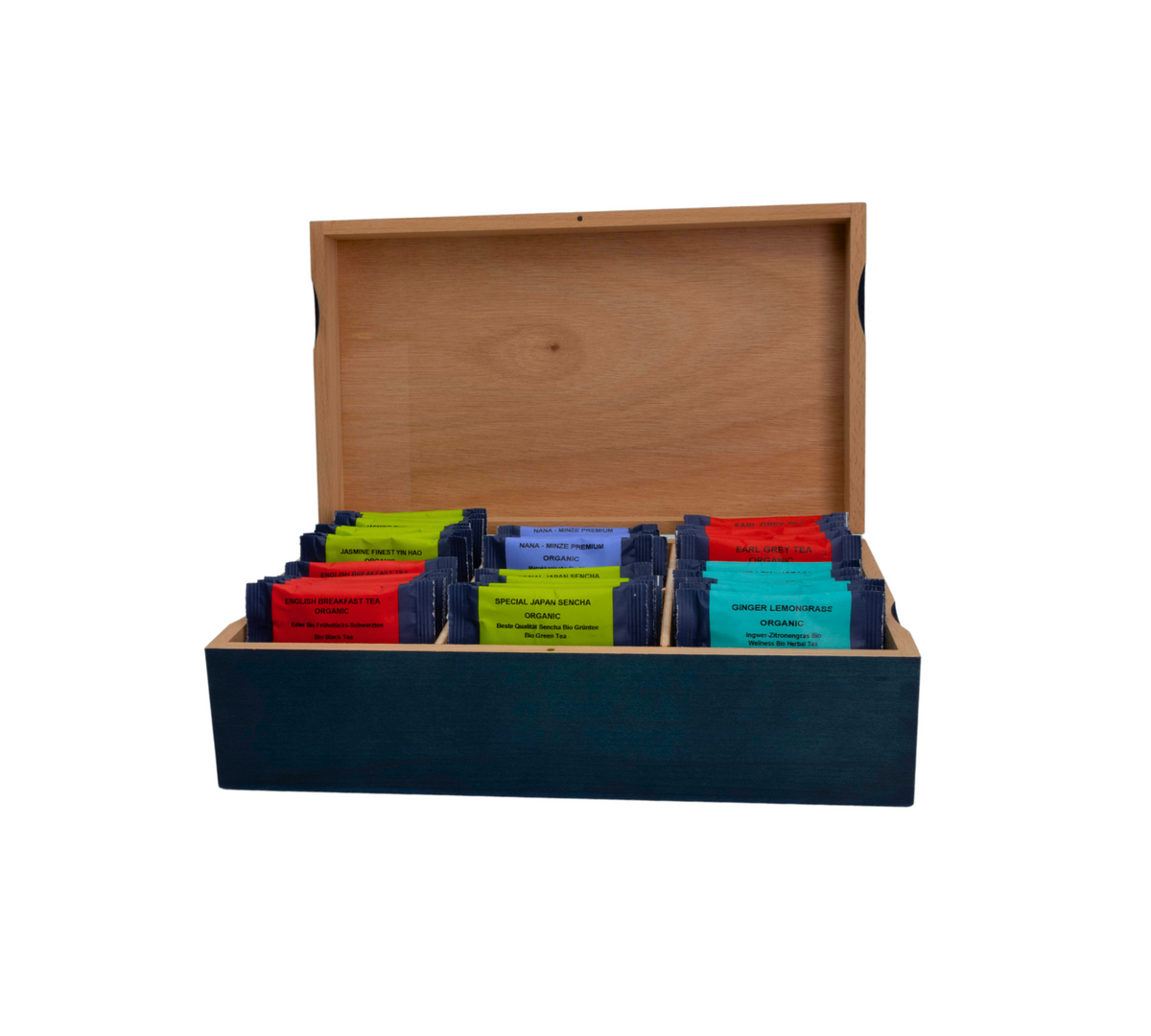 Boîte en bois avec des thés standards